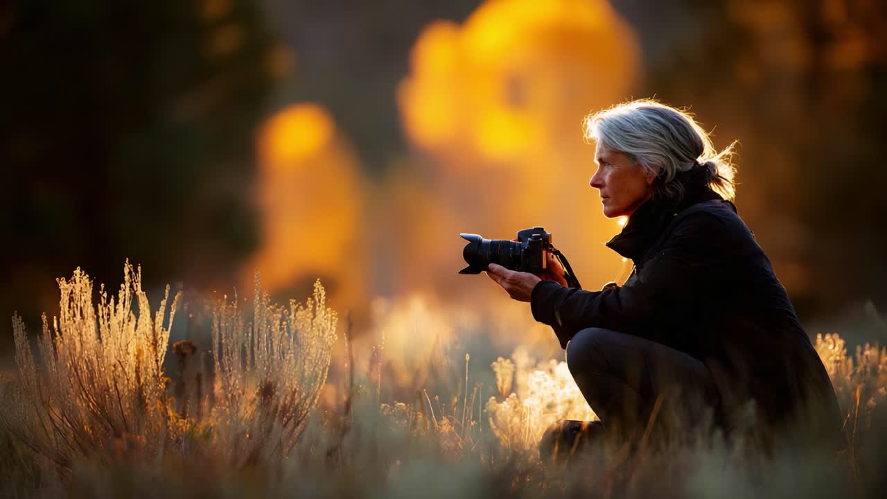 A Passionate Photographer Immersed in Nature's Beauty, Capturing Awe-Inspiring Scenes During Golden Hour in a Serene Wilderness Landscape Surrounded by Lush Flora