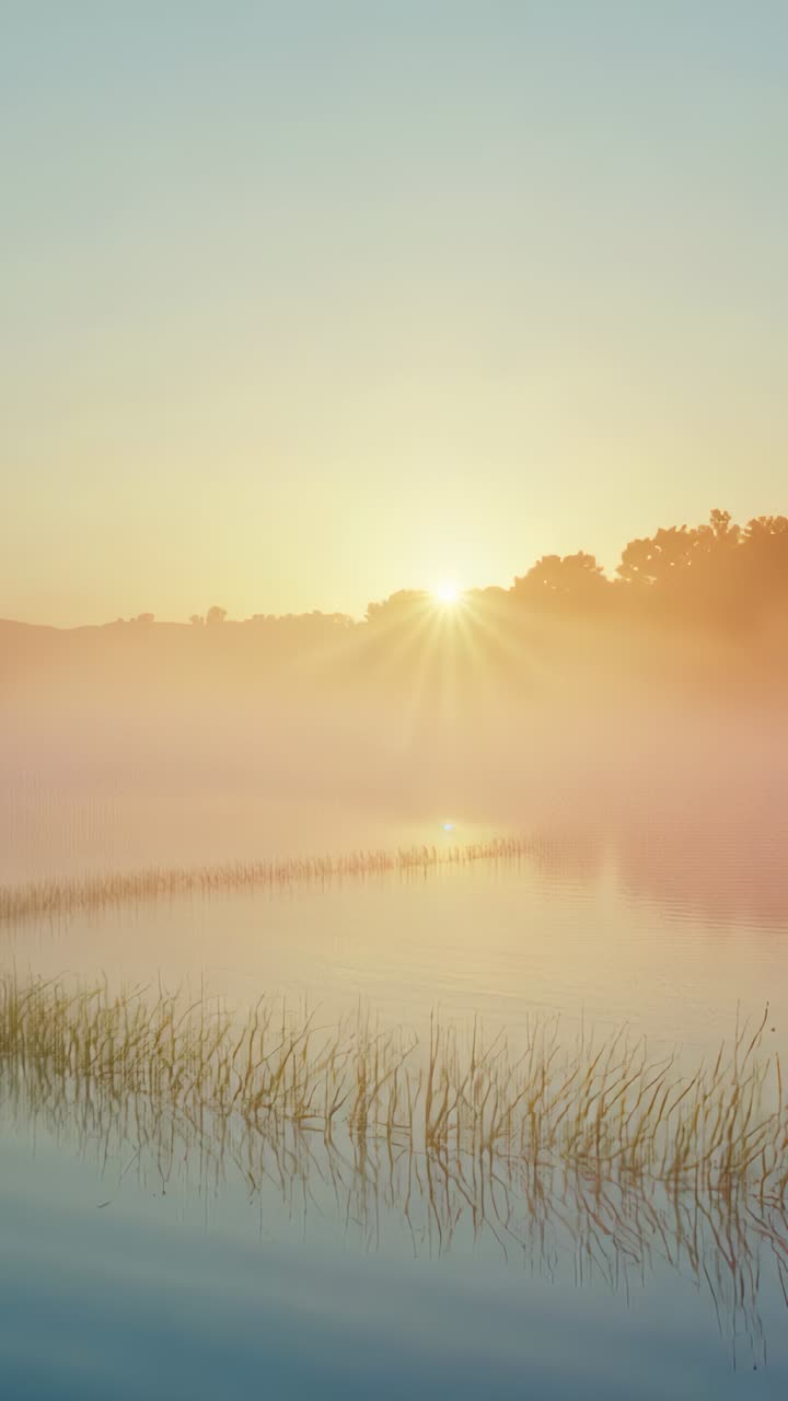 Vertical video: Rising sun brightening mist trees and lake with reeds at dawn, casting reflections