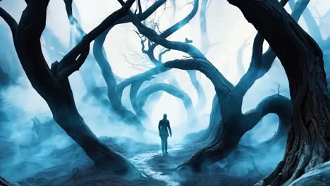 a man walking through a dark forest with trees in the background