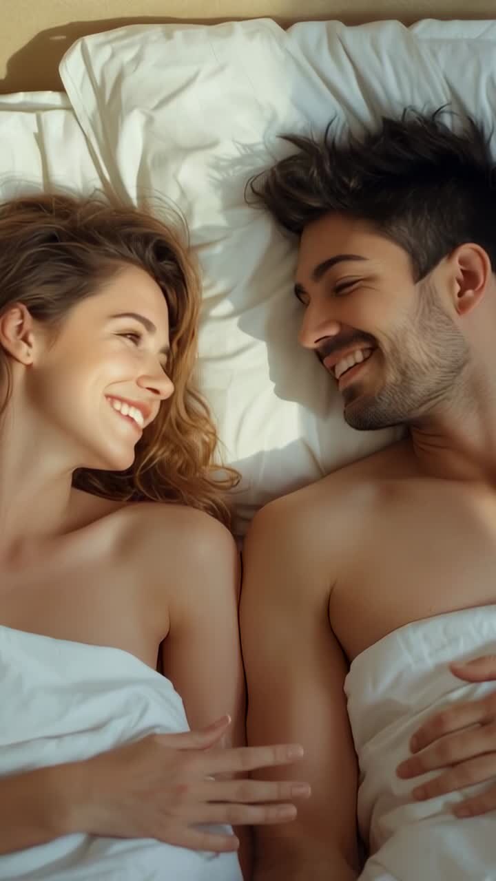 Vertical video: Filtering morning light waking couple, reaching hands under white sheet in bedroom