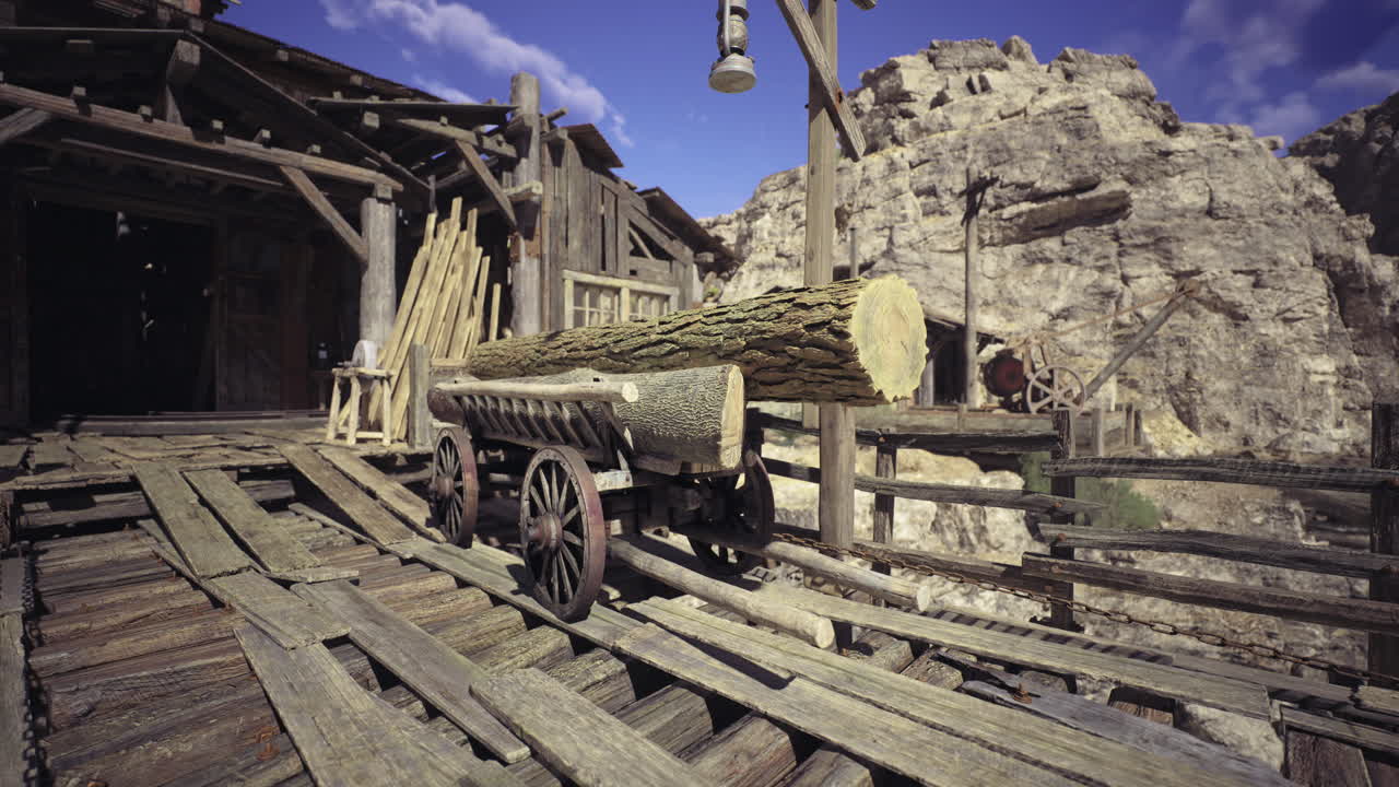 Logging cart on wooden planks near rustic cabin in mountainous terrain