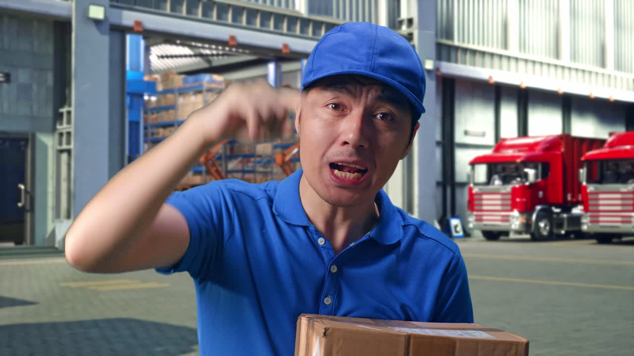 Close Up Of Unsatisfied Asian male Courier In Blue Uniform Shouting To Camera While Delivering A Carton, Outside of Logistics Distributions Warehouse