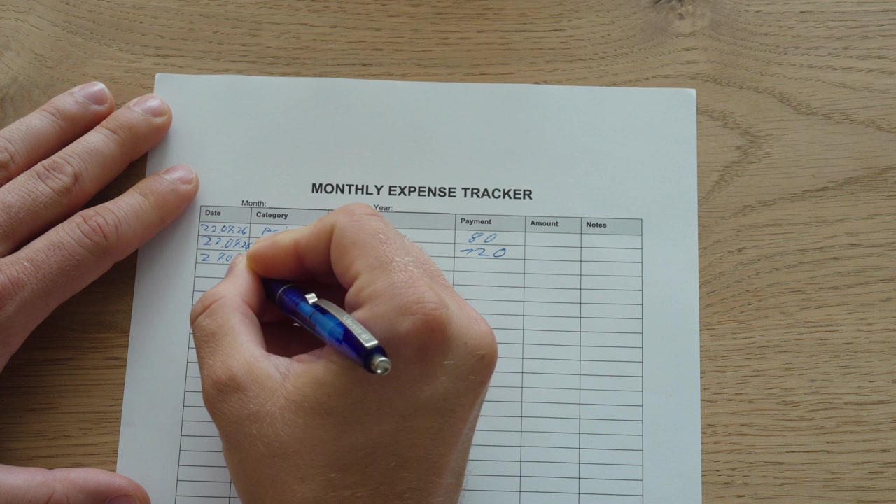 A person writes monthly expenses on a budget tracking sheet. Concept of personal finance, expense tracking, budgeting, and money management.