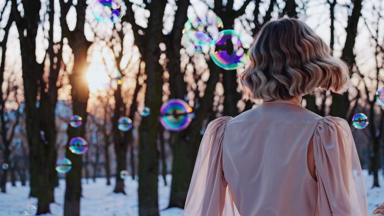 молодая женщина с короткими волнистыми волосами в элегантном платье наслаждается мыльными пузырьками в заснеженном парке на закате, создавая мечтательную и романтическую атмосферу