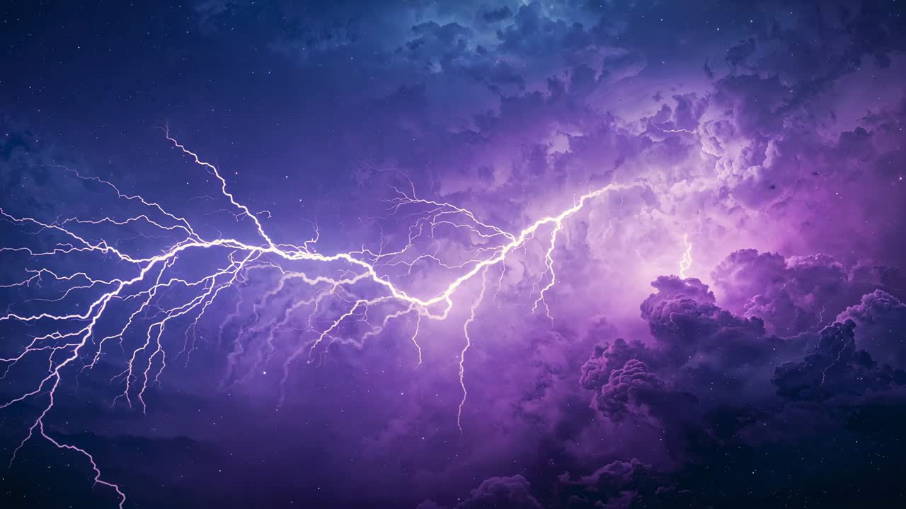 Charging storm core releasing branching lightning in night sky, illuminating violet clouds