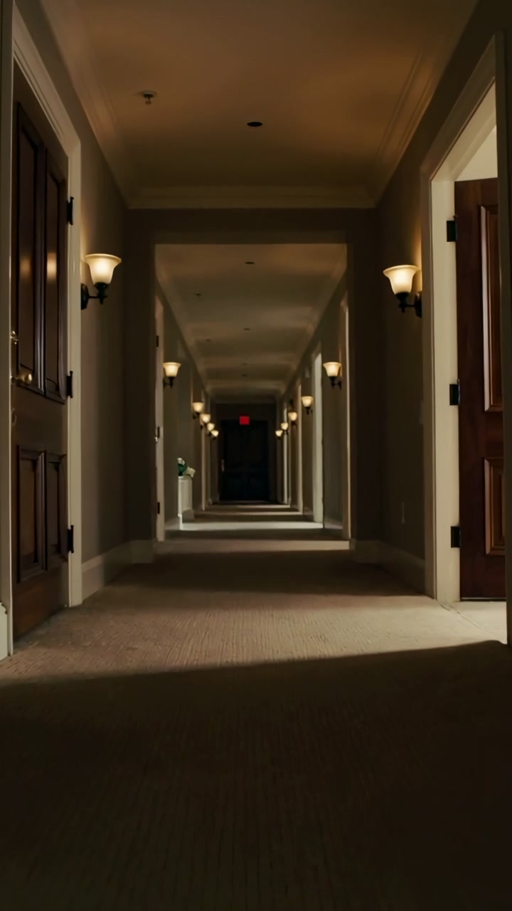 Vertical video: Moving low-angle camera revealing carpeted hotel corridor, showing sconces and exit