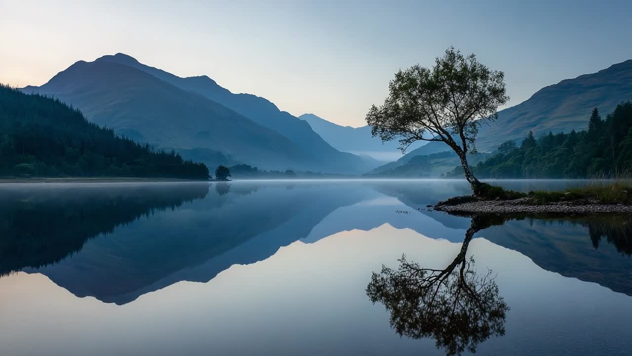 Serene early morning at a calm mountain lake with perfect reflections