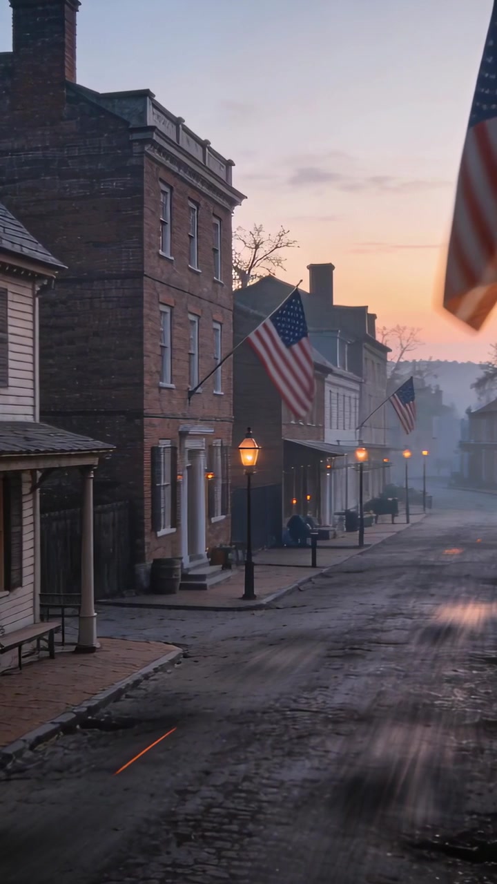 Video verticale: Telecamera in movimento che avanza lungo la strada principale mentre l'alba sorge, catturando bandiere americane