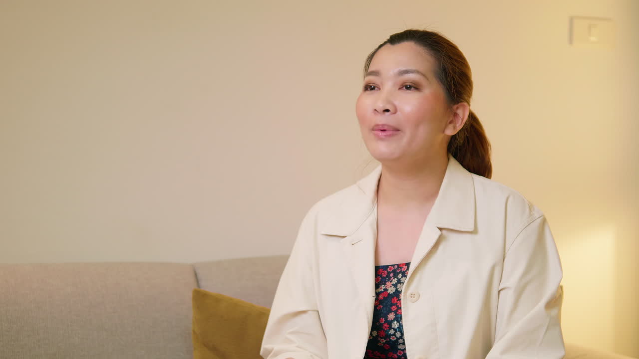 Young adult woman explaining and interview video online communication with casual clothing and speaking in room