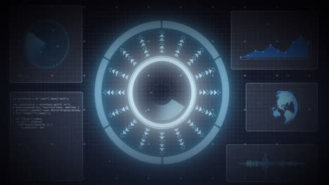Animation of scope scanning and data processing on screens over grid
