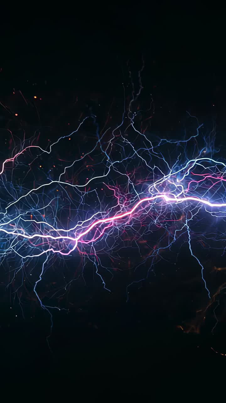 Vertical video: Emerging pink ribbon sparking plasma web branching and pulsing in void with sparks