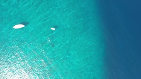 swimming, snorkeling with manta ray in blue azure turquoise sea water of maldives with boats