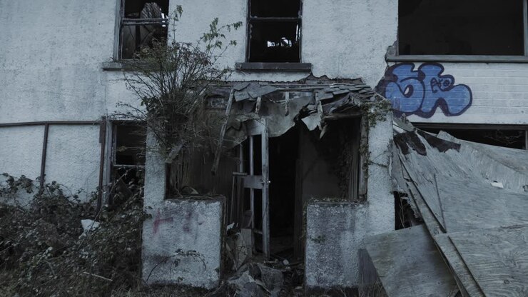 Una verja rota y el exterior pintado de blanco del edificio abandonado en Irlanda del Norte