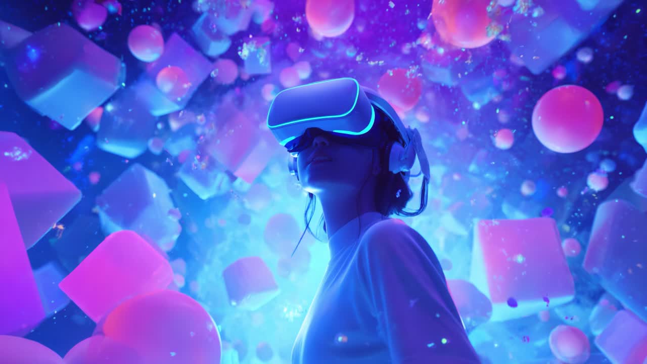 A Futuristic Exploration of Virtual Reality: Immersed in a Colorful Digital Cosmos with Abstract Shapes and Vibrant Lights Surrounding a User Experiencing Cutting-Edge Technology