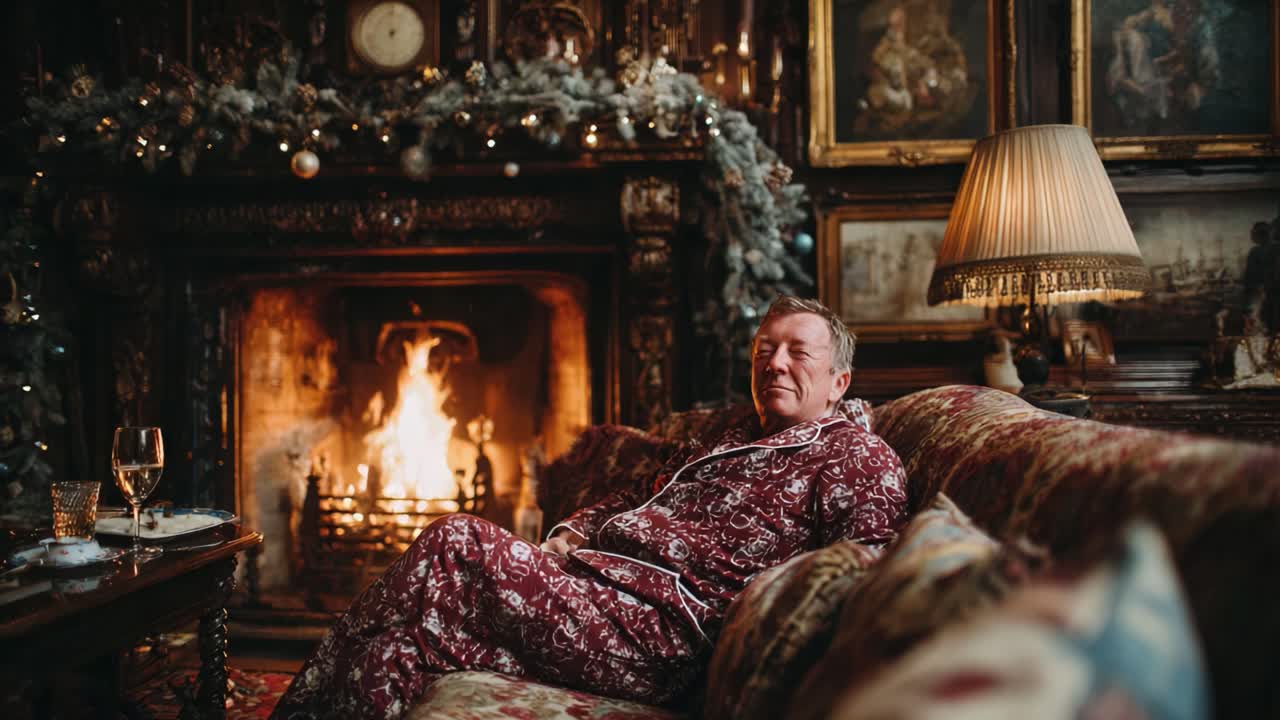 Warm and Cozy Holiday Evening: A Man in Festive Pajamas Relaxing by the Fireplace While Enjoying the Ambience of a Classic Living Room Setting