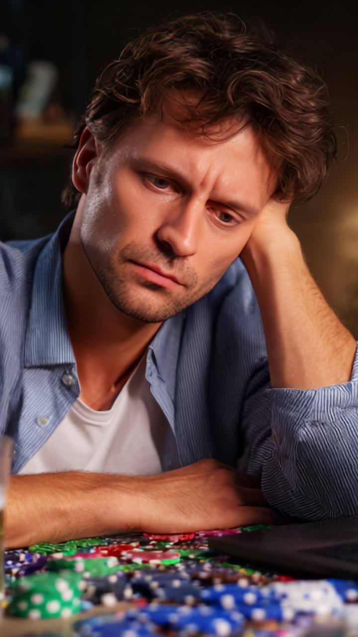 Pensive Player Contemplates Fate at Poker Table Surrounded by Colorful Chips, Reflecting on Decisions Amidst Strong Emotions and High Stakes
