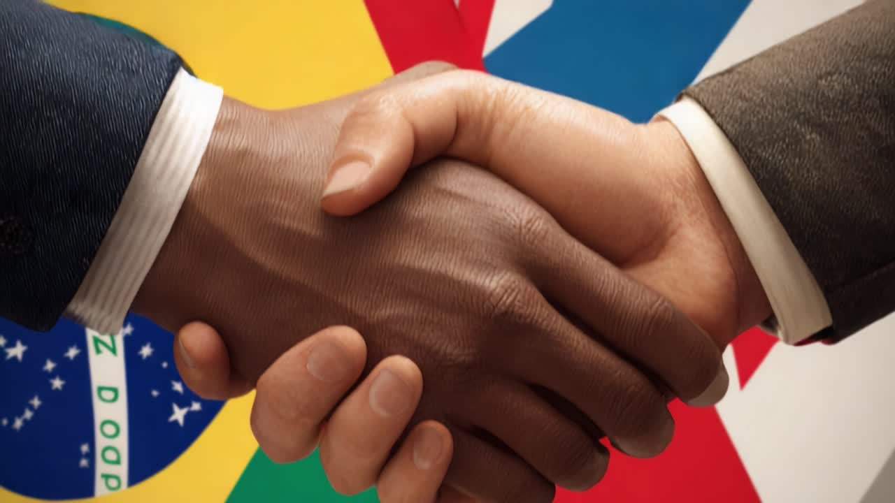 Handshake Symbolizing Unity and Cooperation Across Cultures with Diverse Backgrounds Represented by Flags in the Background, Signifying Global Collaboration