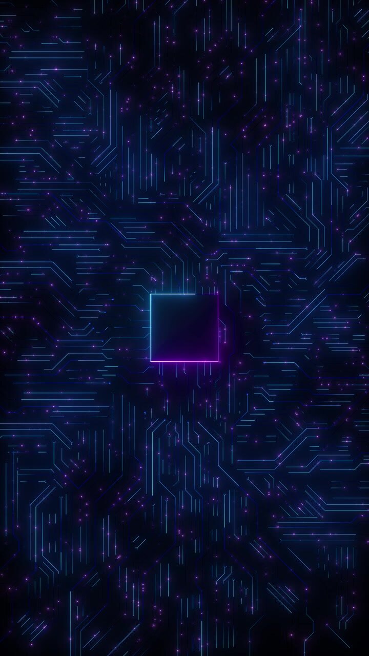 Purple neon circuit chip background with glowing square processor blue electronic paths and magenta
