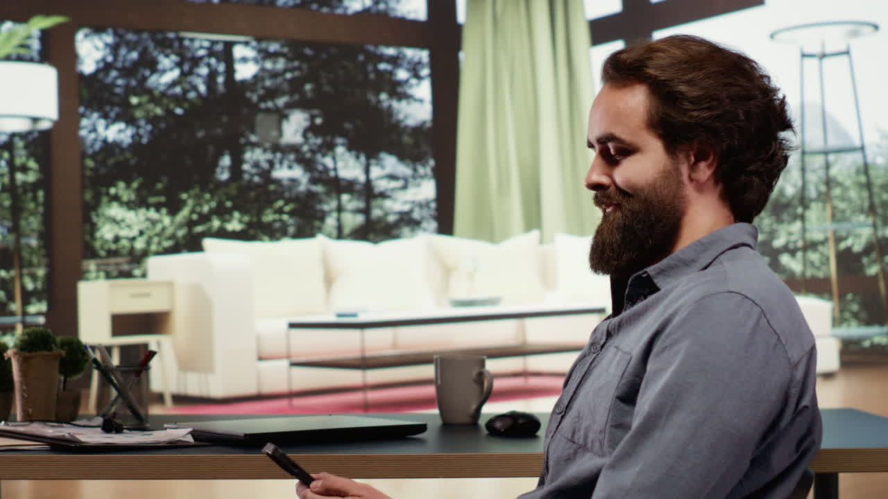 Successful billionaire sitting at his desk in luxury forest villa