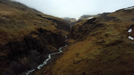 Aerial-landscape-view-of-water-flowing-from-Sólheimajökull-glacier,-Iceland,-during-summer