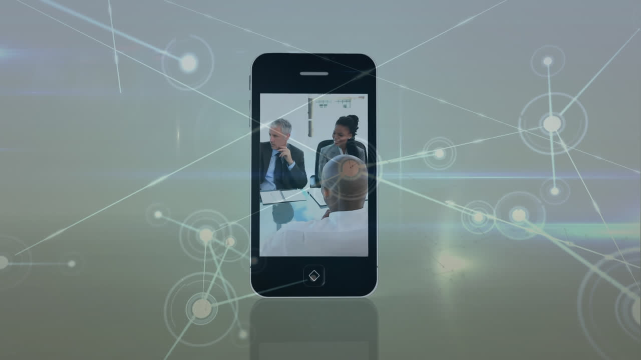 드폰으로 보고서를 논의하는 다양한 사업가들에 대한 선으로 연결된 점들의 애니메이션