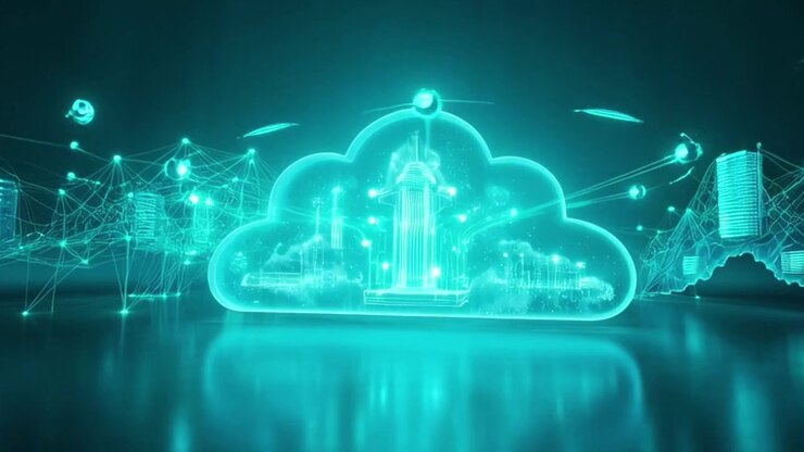 Digital Cloud Computing Network with Glowing City Infrastructure