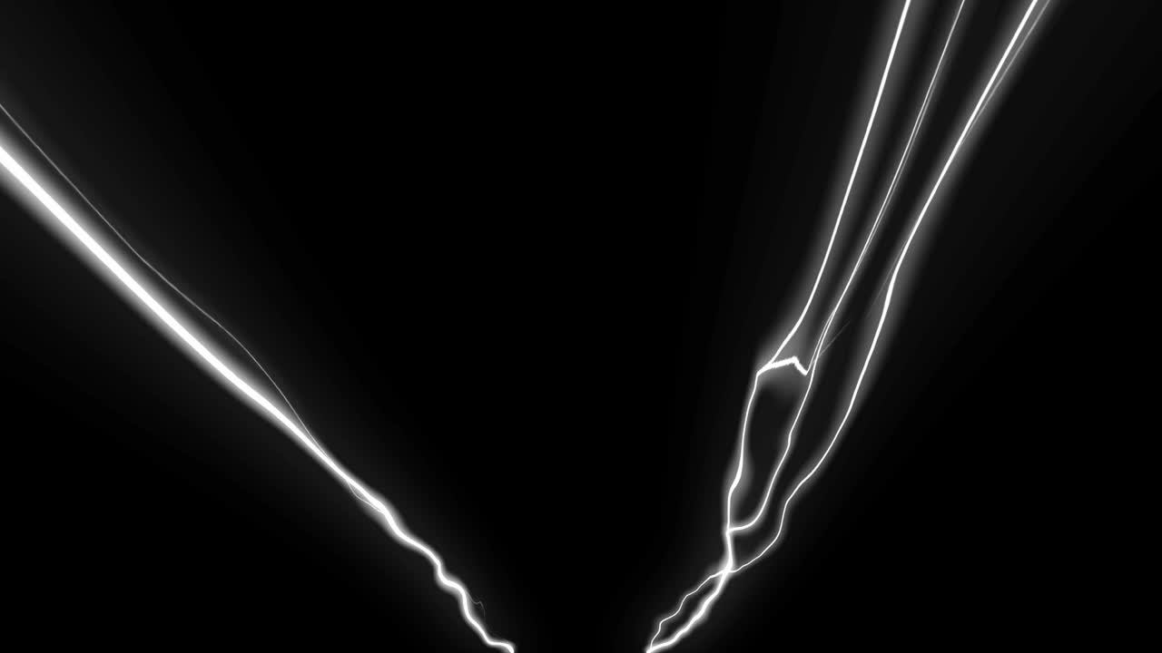 Two glowing white lines move and undulate like electricity or lightning on black background. For sci-fi, tech, or abstract concepts