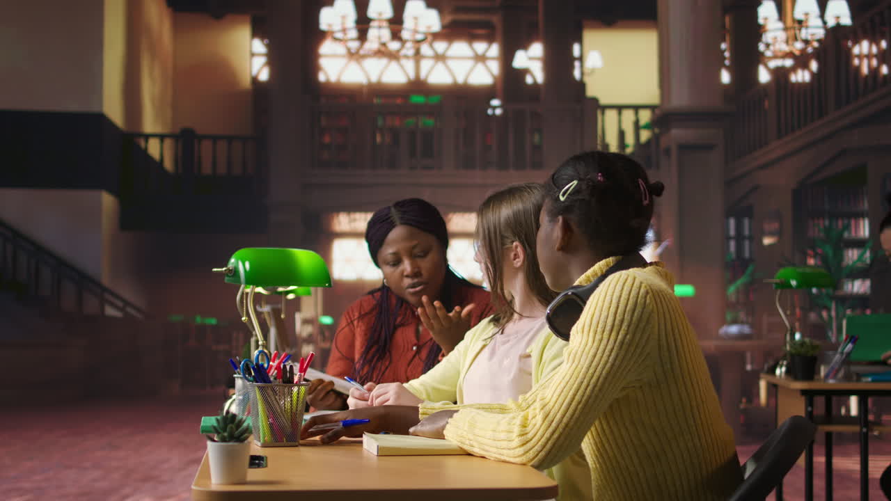 도서관에서 함께 공부하는 다양한 학생 그룹