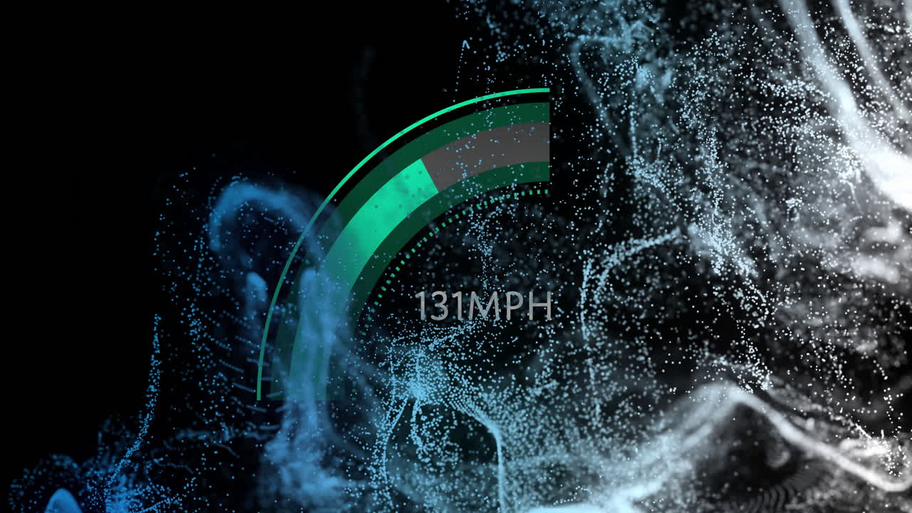 Speedometer animation showing 131 MPH over swirling blue and white particles