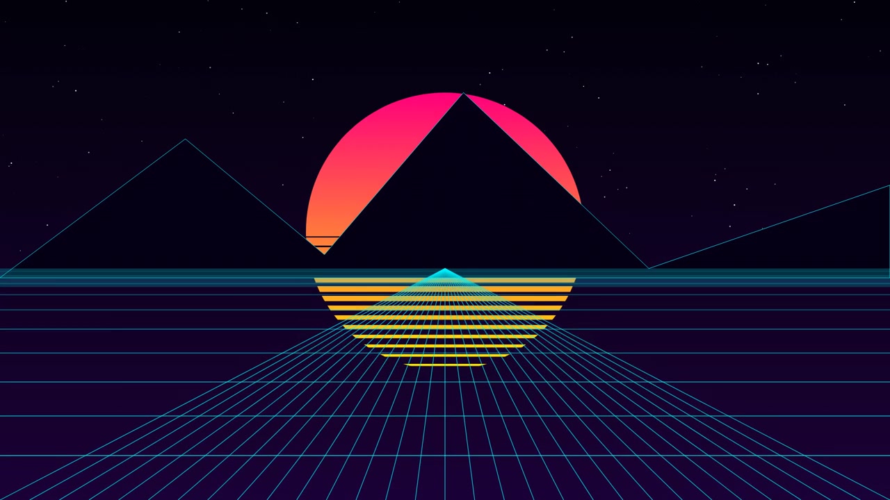 Retro Synthwave Landscape with Glowing Sun and Grid