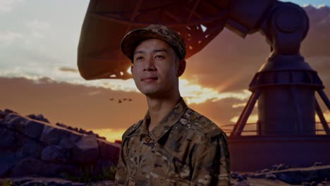 close up of side view asian man soldier looking around while standing with satellite dish
