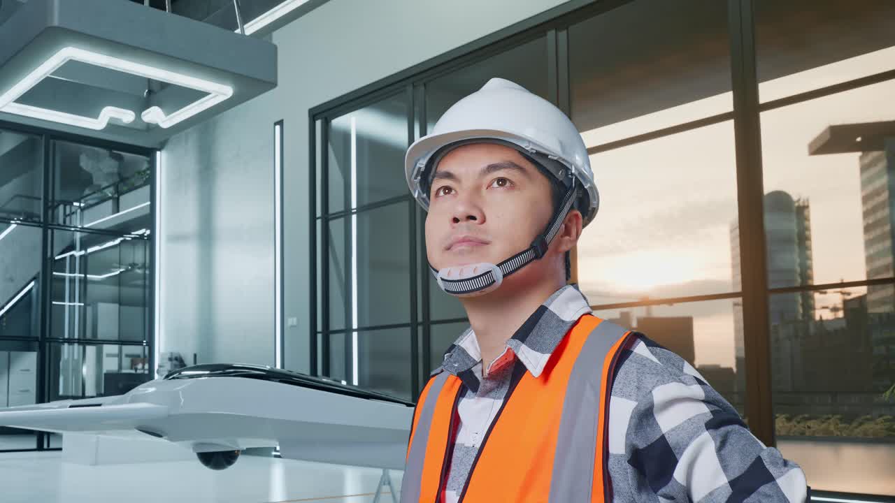 안전 헬을 착용한 아시아 남성 엔지니어가 무인기 프로젝트와 함께 팔을 들고 서 있는 동안 주위를 둘러보고 있는 근접한 측면 뷰