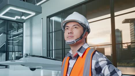 vista lateral de cerca de un ingeniero masculino asiático con casco de seguridad mirando a su alrededor mientras está de pie con los brazos akimbo con proyecto de avión no tripulado