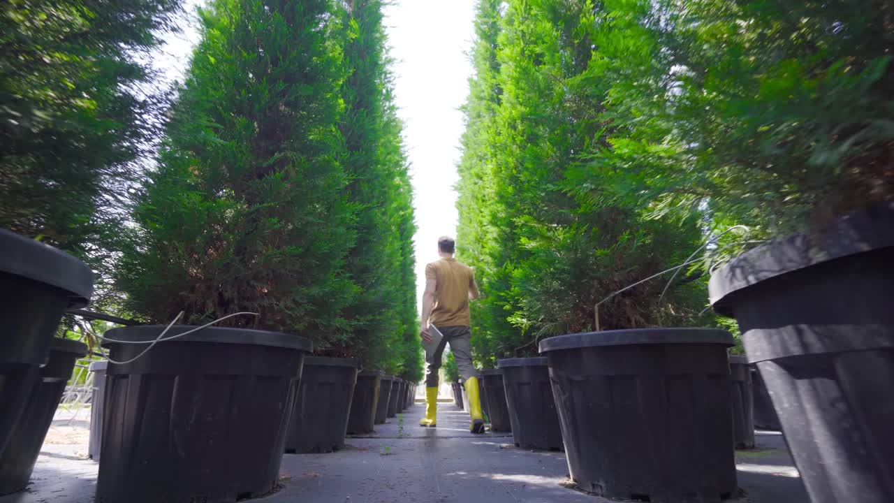 фермер в резиновых сапогах работает в теплице.