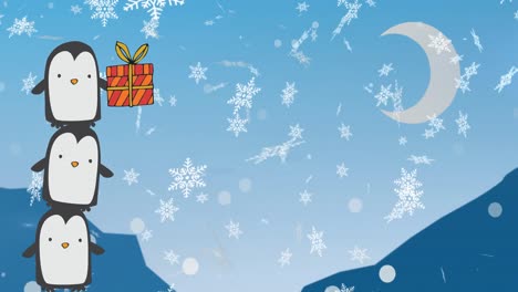 Animation-of-tower-of-three-penguins-holding-christmas-gift-over-snowflakes-and-crescent-moon