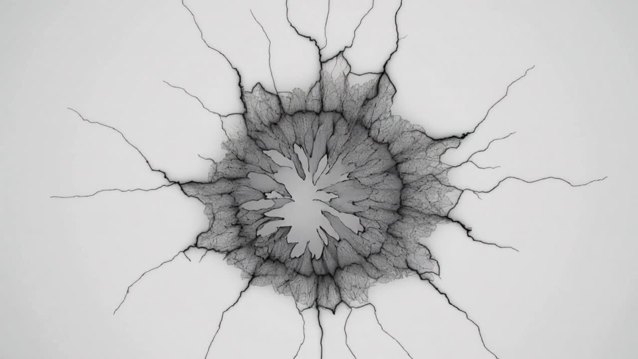 Evolving black ring breaking thin edge, forming jagged rim radiating filaments on pale backdrop