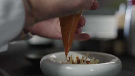 closeup view of a chef decorating a dish in a kitchen of a french chef restaurant