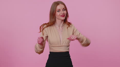 Trendy-businesswoman-girl-in-blouse-having-fun-dancing-and-moving-to-rhythm,-dabbing-raising-hands