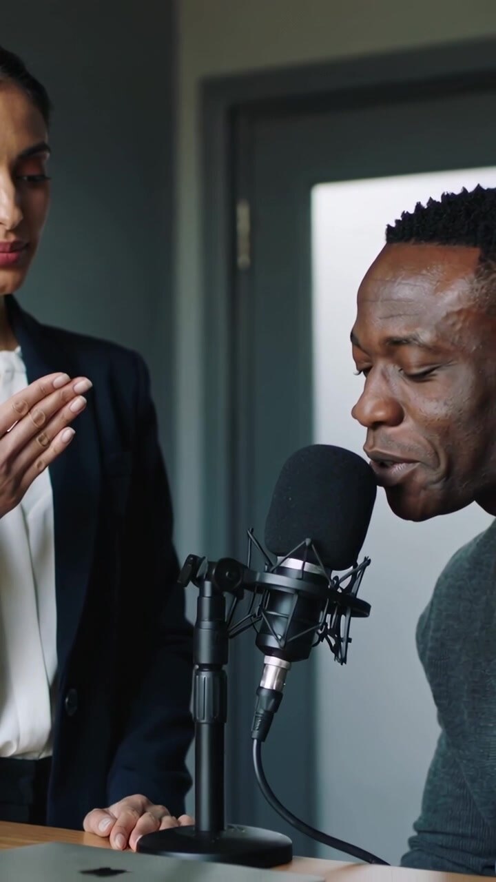 Vertical video: Recording hosts in blazer grey top cueing and speaking into studio mic for podcast