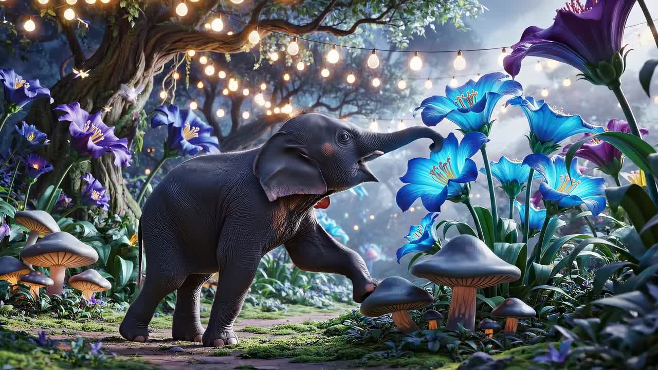 Eventyrlig skovscene med en elefantunge, optaget i øjenhøjde, perfekt til en fantasyvideo