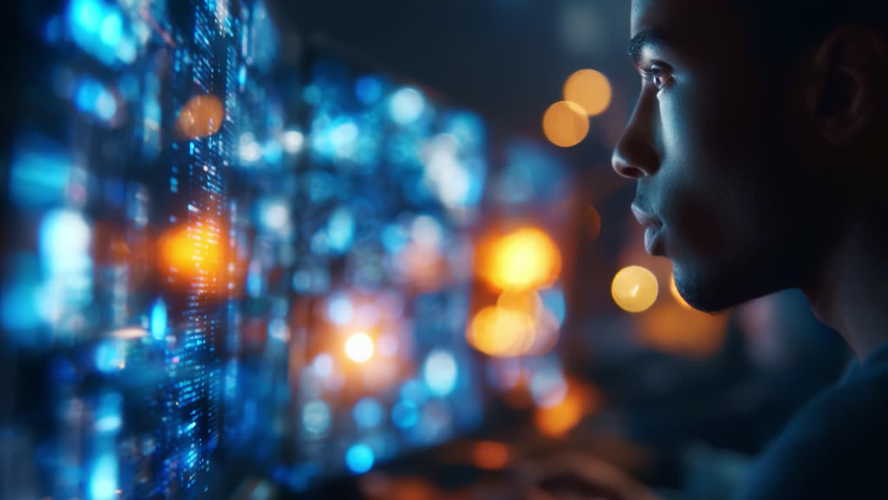 Concentrazione e tecnologia: primo piano di una persona impegnata con diversi monitor che mostrano dati e contenuti visivi in un ambiente high-tech e buio