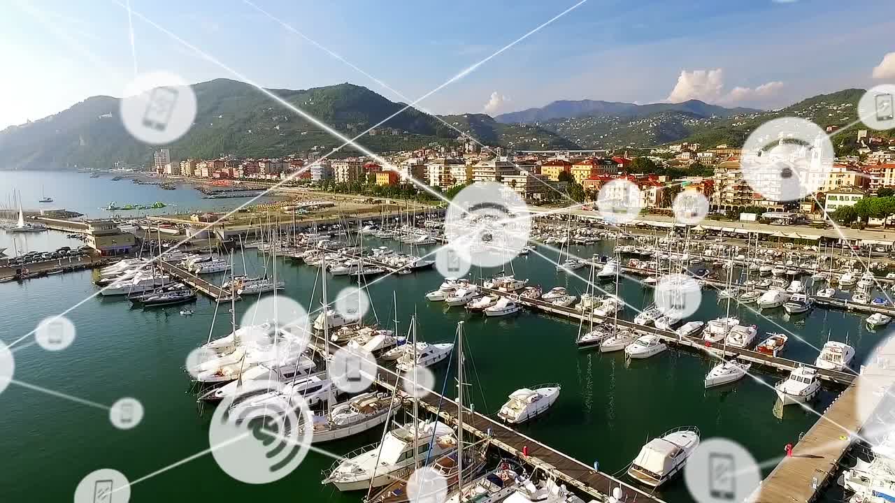 animación de la red de conexiones con iconos sobre el puerto