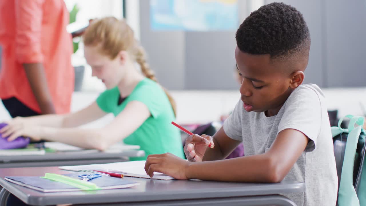 Diverse female teacher and schoolchildren at desks in school classroom