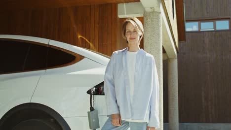 woman standing next to her electric car at home