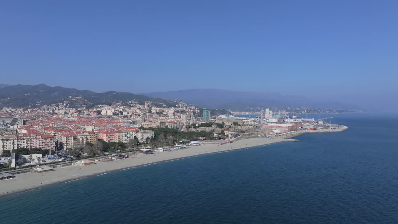 A beautiful aerial view of Savona, showcasing its beaches and clear blue waters