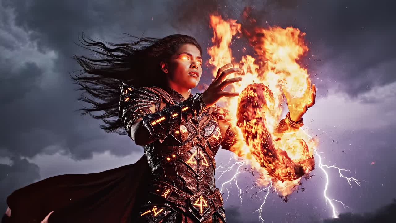 Cena épica de vídeo de fantasia com uma tomada de ângulo baixo de um guerreiro lançando magia de fogo em meio a uma tempestade.