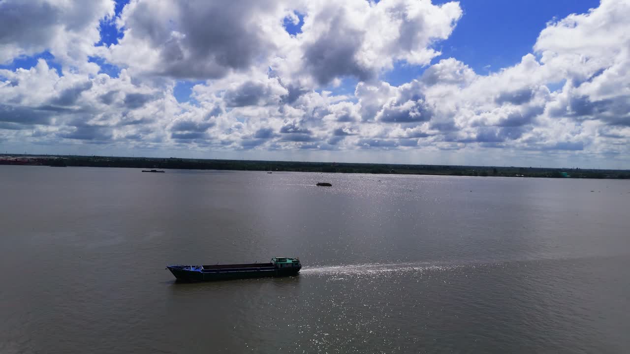 Aerial View of the Boat in the River in Can Tho.