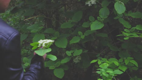 Girl-walking-on-a-narrow-path-in-the-forest,-smelling-flowers-and-showing-them-to-the-camera-slow-motion