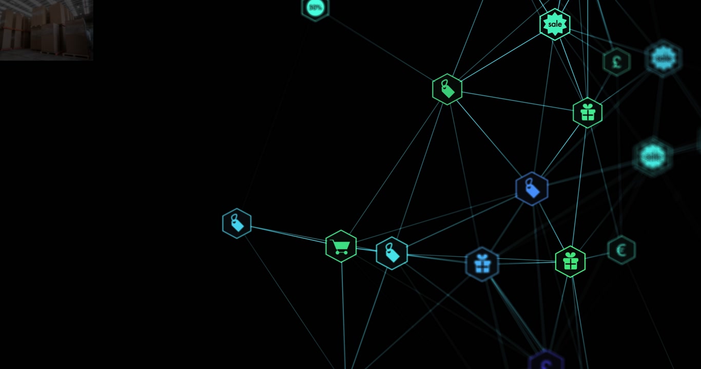 Animazione di rete di connessioni con icone su sfondo nero
