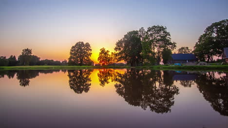 Colorful-sunset-and-twilight-with-the-sky-reflecting-off-the-surface-of-the-lake---wide-angle-time-lapse